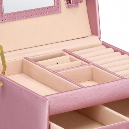 CUTIE PENTRU BIJUTERII, MDF, PIELE ECOLOGICA SI CATIFEA, ROZ SI BEJ, CU OGLINDA, 17.5X14X12.5 CM, SPRINGOS [14]
