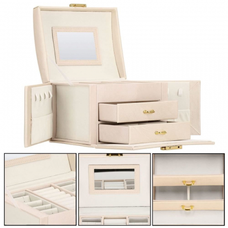CUTIE PENTRU BIJUTERII, MDF SI PIELE, CREM, CU OGLINDA, 18X14X13.5 CM, SPRINGOS [4]