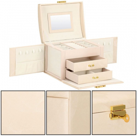 CUTIE PENTRU BIJUTERII, MDF SI PIELE, CREM, CU OGLINDA, 18X14X13.5 CM, SPRINGOS [3]
