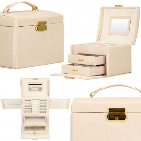 CUTIE PENTRU BIJUTERII, MDF SI PIELE, CREM, CU OGLINDA, 18X14X13.5 CM, SPRINGOS [2]