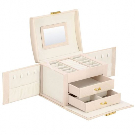Cutii bijuterii - CUTIE PENTRU BIJUTERII, MDF SI PIELE, CREM, CU OGLINDA, 18X14X13.5 CM, SPRINGOS