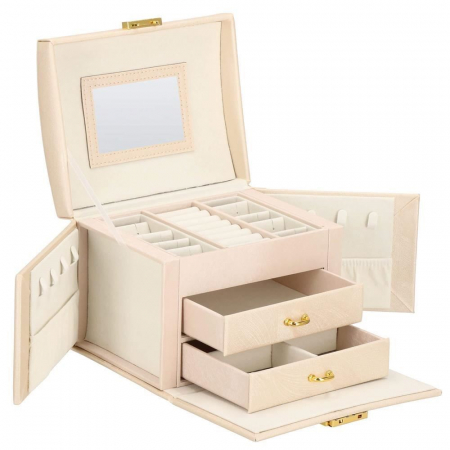 CUTIE PENTRU BIJUTERII, MDF SI PIELE, CREM, CU OGLINDA, 18X14X13.5 CM, SPRINGOS [26]