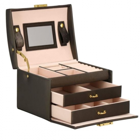 Cutii bijuterii - CUTIE PENTRU BIJUTERII, MDF SI PIELE, MARO INCHIS SI ROZ, CU OGLINDA, 17.5X14X12.5 CM, SPRINGOS
