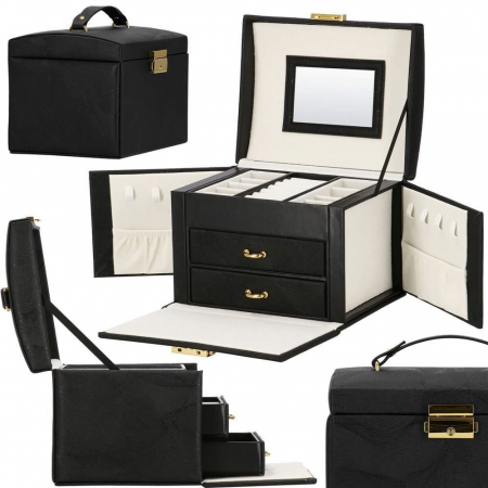 CUTIE PENTRU BIJUTERII, MDF SI PIELE, NEGRU SI CREM, CU OGLINDA, 18X14X13.5 CM, SPRINGOS [26]