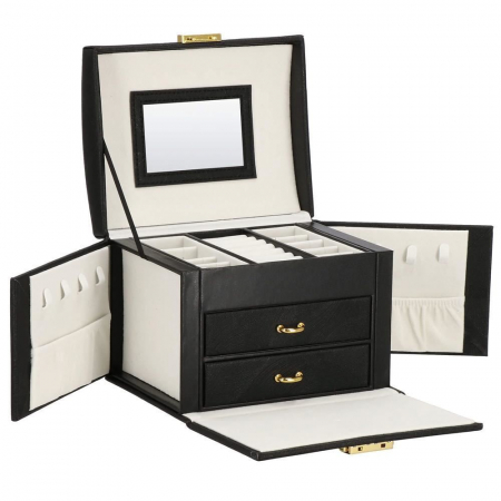 CUTIE PENTRU BIJUTERII, MDF SI PIELE, NEGRU SI CREM, CU OGLINDA, 18X14X13.5 CM, SPRINGOS [16]
