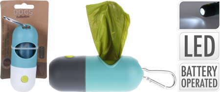 PetShop - Dispenser saci pentru caini cu lanternă LED, cu carabina, funcționare pe baterii