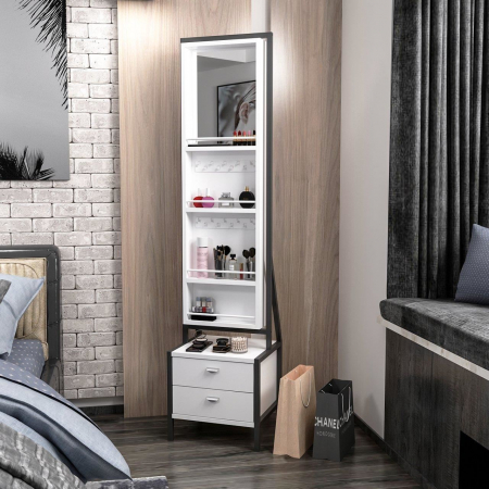 DULAP CU OGLINDA PENTRU BIJUTERII, PAL MELAMINAT, 4 RAFTURI, 2 SERTARE, ALB, 41X35X170 CM, MOVING MIRROR, MINAR [6]