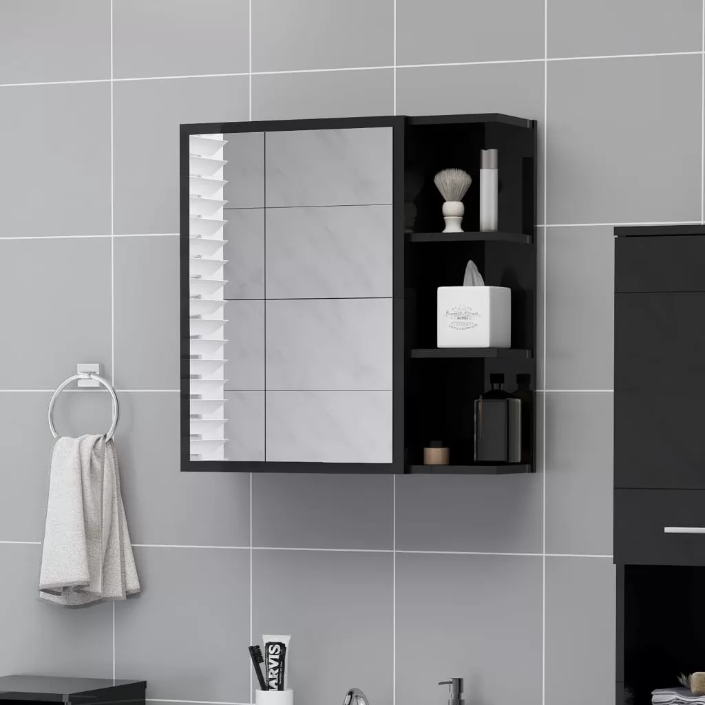 Amenajari Interioare - DULAP DE BAIE CU OGLINDA NEGRU EXTRALUCIOS 62.5X20.5X64 CM PAL, NEGRU LUCIOS