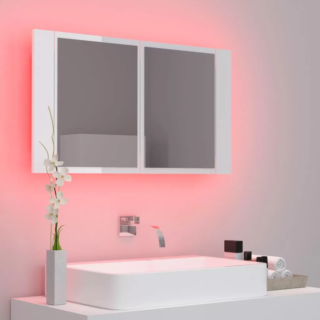 DULAP DE BAIE CU OGLINDA SI LED, ALB LUCIOS [3]