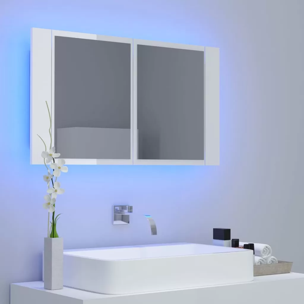 DULAP DE BAIE CU OGLINDA SI LED, ALB LUCIOS [2]