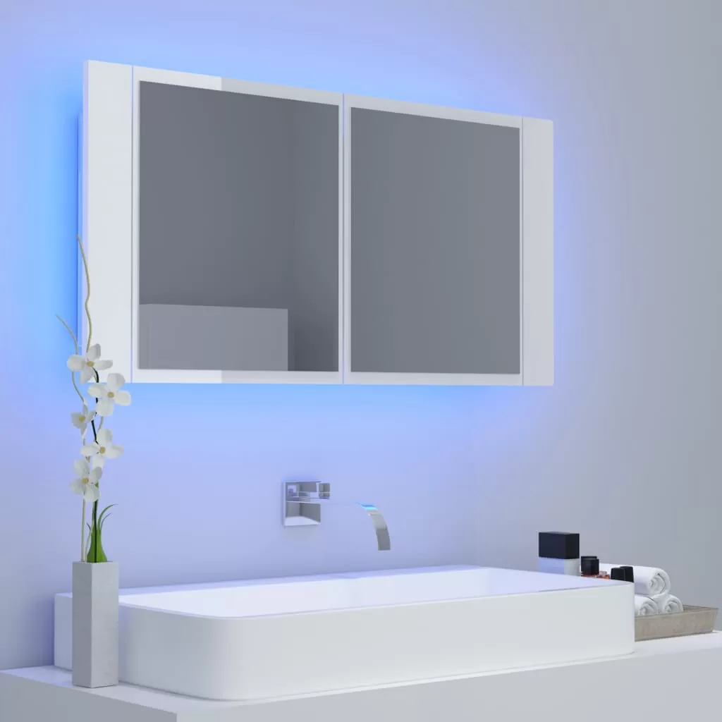 DULAP DE BAIE CU OGLINDA SI LED, ALB LUCIOS [2]
