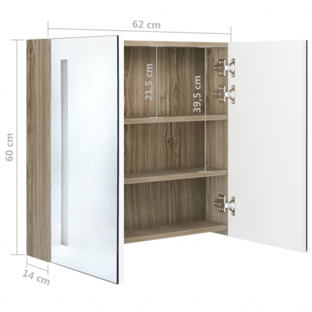 DULAP DE BAIE CU OGLINDA SI LED, ALB SI STEJAR, 62 X 14 X 60 CM [7]