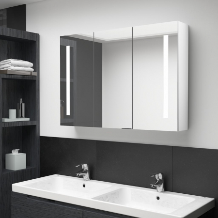Dulap baie - DULAP DE BAIE CU OGLINDA SI LED, ALB STRĂLUCITOR, 89 X 14 X 62 CM