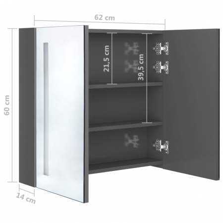 DULAP DE BAIE CU OGLINDA SI LED, CENUSIU STRĂLUCITOR, 62 X 14 X 60 CM [7]