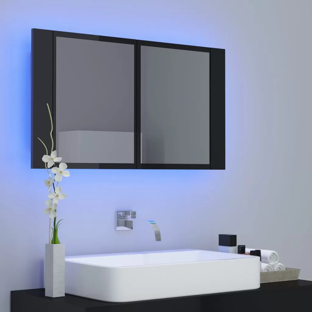 DULAP DE BAIE CU OGLINDA SI LED, NEGRU LUCIOS [2]
