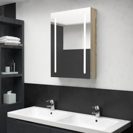 Baie - DULAP DE BAIE CU OGLINDA SI LED, STEJAR, 50 X 13 X 70 CM