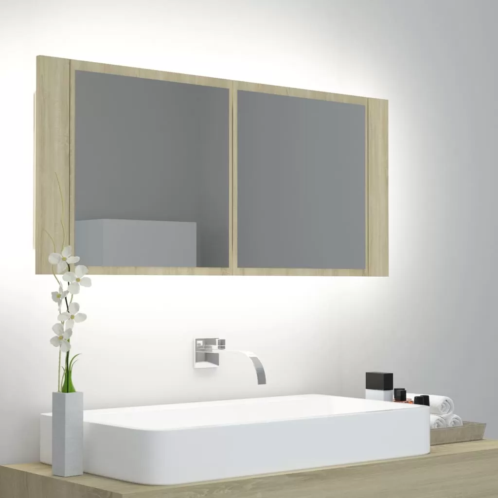 Baie - DULAP DE BAIE CU OGLINDA SI LED, STEJAR SONOMA