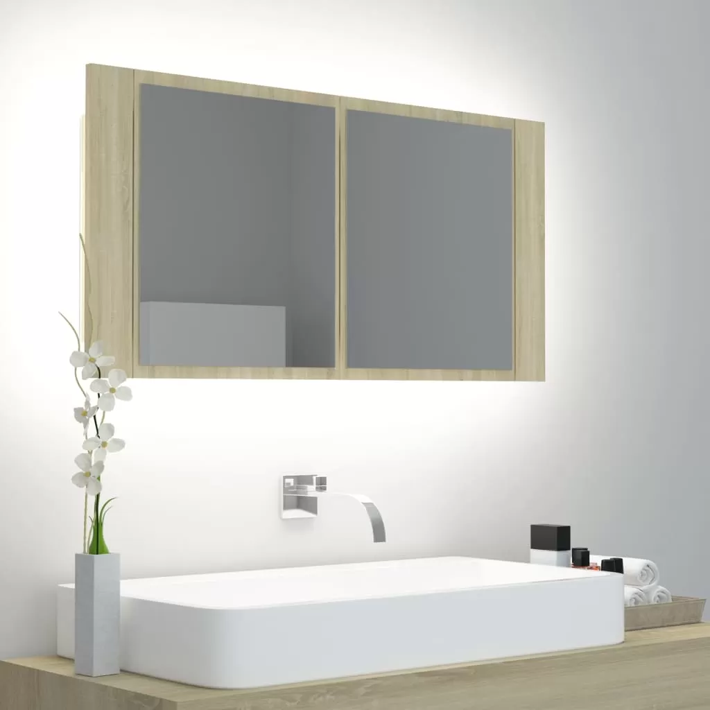 Dulap baie - DULAP DE BAIE CU OGLINDA SI LED, STEJAR SONOMA