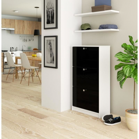 DULAP DEPOZITAT INCALTAMINTE, PANTOFAR, PLACA LAMINATA, 3 SERTARE, ALB SI NEGRU, 60X28.5X113 CM [2]
