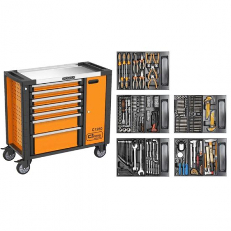 Chei si truse chei - DULAP MOBIL PENTRU UNELTE, 7 SERTARE + SPATIU LATERAL CU USA, 970X927X465 MM, CONTINE 14 SETURI DE UNELTE, 253 ELEMENTE, RICHMANN EXCLUSIVE