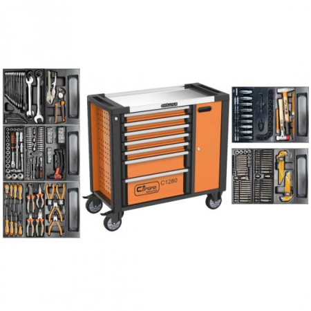 Chei si truse chei - DULAP MOBIL PENTRU UNELTE, 7 SERTARE + SPATIU LATERAL CU USA, 970X927X465 MM, CONTINE 14 SETURI DE UNELTE, 268 ELEMENTE, RICHMANN EXCLUSIVE