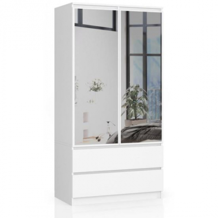 Sifoniere si dulapuri - DULAP, PLACA LAMINATA, 2 SERTARE, 5 RAFTURI, 1 SUPORT UMERASE, 2 USI CU OGLINDA, ALB, 90X51X180 CM