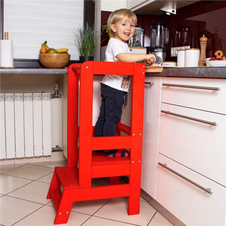 INALTATOR MULTIFUNCTIONAL/AJUTOR DE BUCATARIE PENTRU COPII, AJUSTABIL, LEMN, ROSU, 39X52X90 CM, SPRINGOS [8]