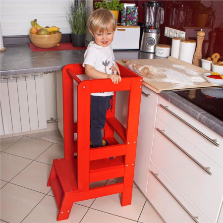 INALTATOR MULTIFUNCTIONAL/AJUTOR DE BUCATARIE PENTRU COPII, AJUSTABIL, LEMN, ROSU, 39X52X90 CM, SPRINGOS [3]