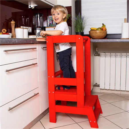 INALTATOR MULTIFUNCTIONAL/AJUTOR DE BUCATARIE PENTRU COPII, AJUSTABIL, LEMN, ROSU, 39X52X90 CM, SPRINGOS [2]