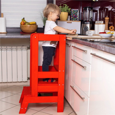 INALTATOR MULTIFUNCTIONAL/AJUTOR DE BUCATARIE PENTRU COPII, AJUSTABIL, LEMN, ROSU, 39X52X90 CM, SPRINGOS [1]