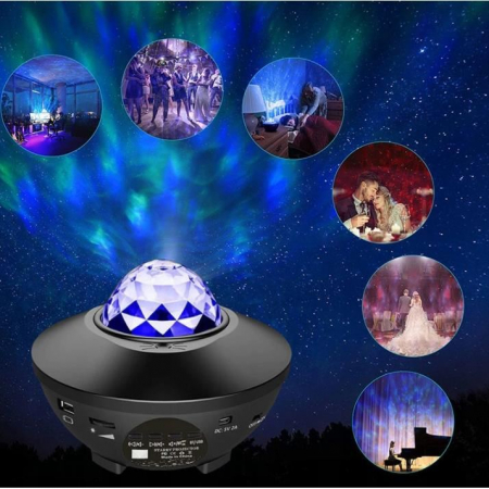 LAMPA DE NOPTIERA CU PROIECTOR, LED, TELECOMANDA, BLUETOOTH, 4 CULORI, INCARCARE USB, NEGRU, 12.3X16.4 CM [1]