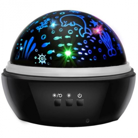 Mobilier camera copii - LAMPA DE NOPTIERA CU PROIECTOR, PENTRU COPII, CUPOLA ROTATIVA, 2 MODURI, NEGRU, 230V/4XAAA, 11.5X10 CM
