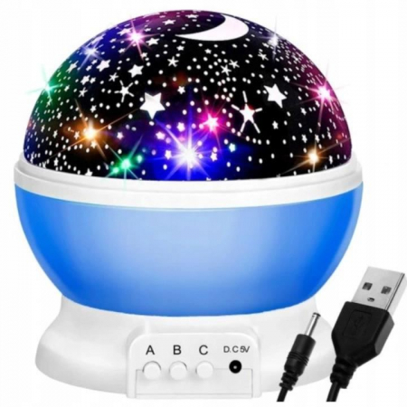 LAMPA DE NOPTIERA CU PROIECTOR, PENTRU COPII, CUPOLA ROTATIVA, ALBASTRU, INCARCARE USB/4XAAA, 12.7X13.5 CM, ISOTRADE [4]