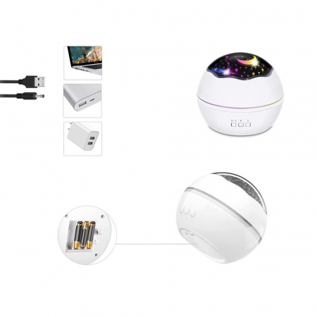 LAMPA DE NOPTIERA CU PROIECTOR, VERK GROUP, PENTRU COPII, CUPOLA ROTATIVA, 2 MODURI, DIFERITE CULORI, 4XAAA, INCARCARE USB, 12X10 CM [8]
