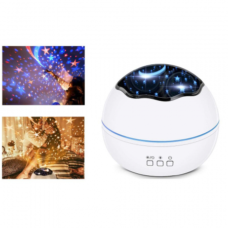 LAMPA DE NOPTIERA CU PROIECTOR, VERK GROUP, PENTRU COPII, CUPOLA ROTATIVA, 2 MODURI, DIFERITE CULORI, 4XAAA, INCARCARE USB, 12X10 CM [9]