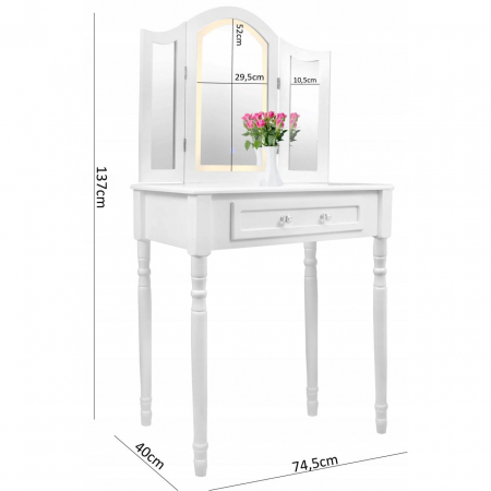 MASA DE TOALETA, MACHIAJ, ALBA, CU OGLINDA CU LED, SERTAR SI TABURET, 74.5X40X137 CM [2]