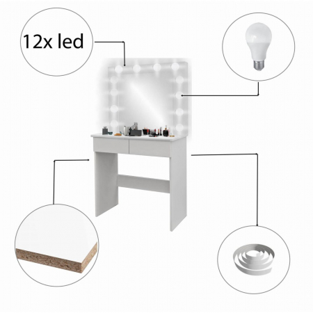 MASA DE TOALETA/MACHIAJ, ALBA, CU OGLINDA SI LED-URI, 90X50X141 CM [1]