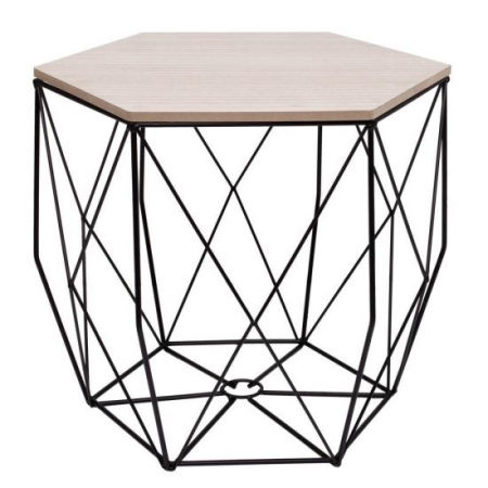 Mese - MASA HEXAGONALA CU COS DEPOZITARE, MDF, BAZA METALICA, NEGRU SI NATUR, 32/40.5X38.5 CM, SPRINGOS
