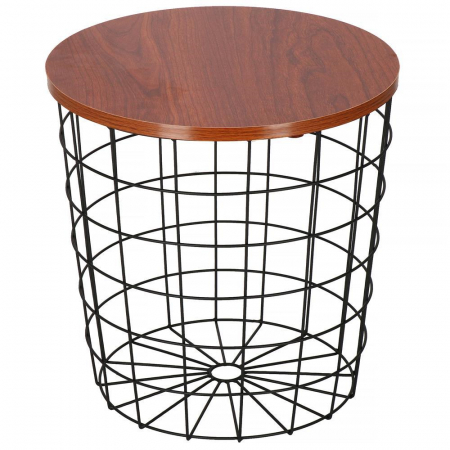 Masute cafea - Masa rotunda cu cos depozitare, MDF, baza metalica, negru si maro,41x40x40