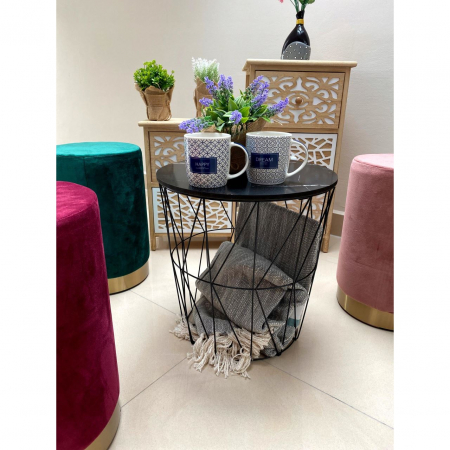 MASUTA CAFEA, CU COS DEPOZITARE METALIC, BLAT MDF EFECT MARMURA, ROTUND, NEGRU, SET 3 MARIMI, IRINA  [1]