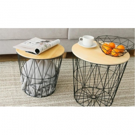 MASUTA CAFEA, CU COS DEPOZITARE METALIC, BLAT MDF, ROTUND, NATUR SI NEGRU, SET 3 MARIMI, MONICA [3]