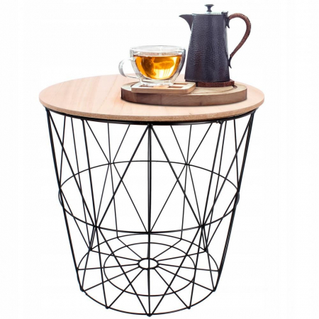 MASUTA CAFEA, CU COS DEPOZITARE METALIC, BLAT MDF, ROTUND, NATUR SI NEGRU, SET 3 MARIMI, MONICA [1]