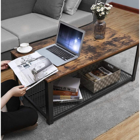 MASUTA CAFEA, VASAGLE, CU RAFT DEPOZITARE, DREPTUNGHIULARA, PAL SI METAL, MARO RUSTIC, 106.2X60.2X45 CM [2]