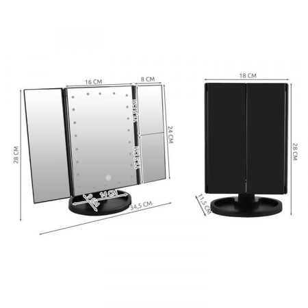OGLINDA COSMETICA, CU LED, ROTATIVA, CU MARIRE IMAGINE 1X/2X/3X, NEGRU, 4XAA, USB, 34.5X9X28 CM, ISOTRADE [1]