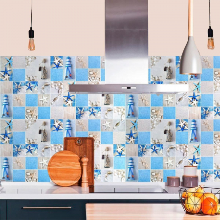 PANOU DECORATIV, PVC, MODEL EXOTIC, ALBASTRU SI BEJ, 96X48.5CM [5]