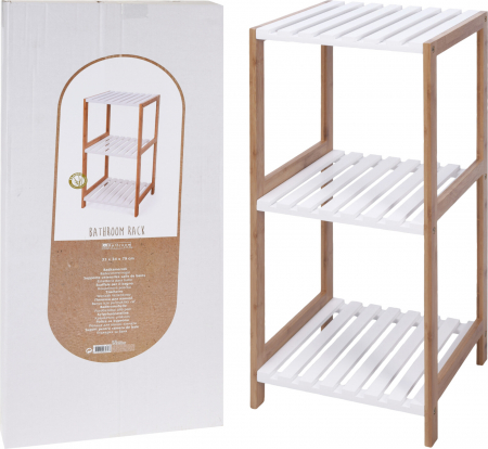Baie - Raft de Baie cu 3 Nivele, Cadru din Bambus și MDF Alb, Design Compact