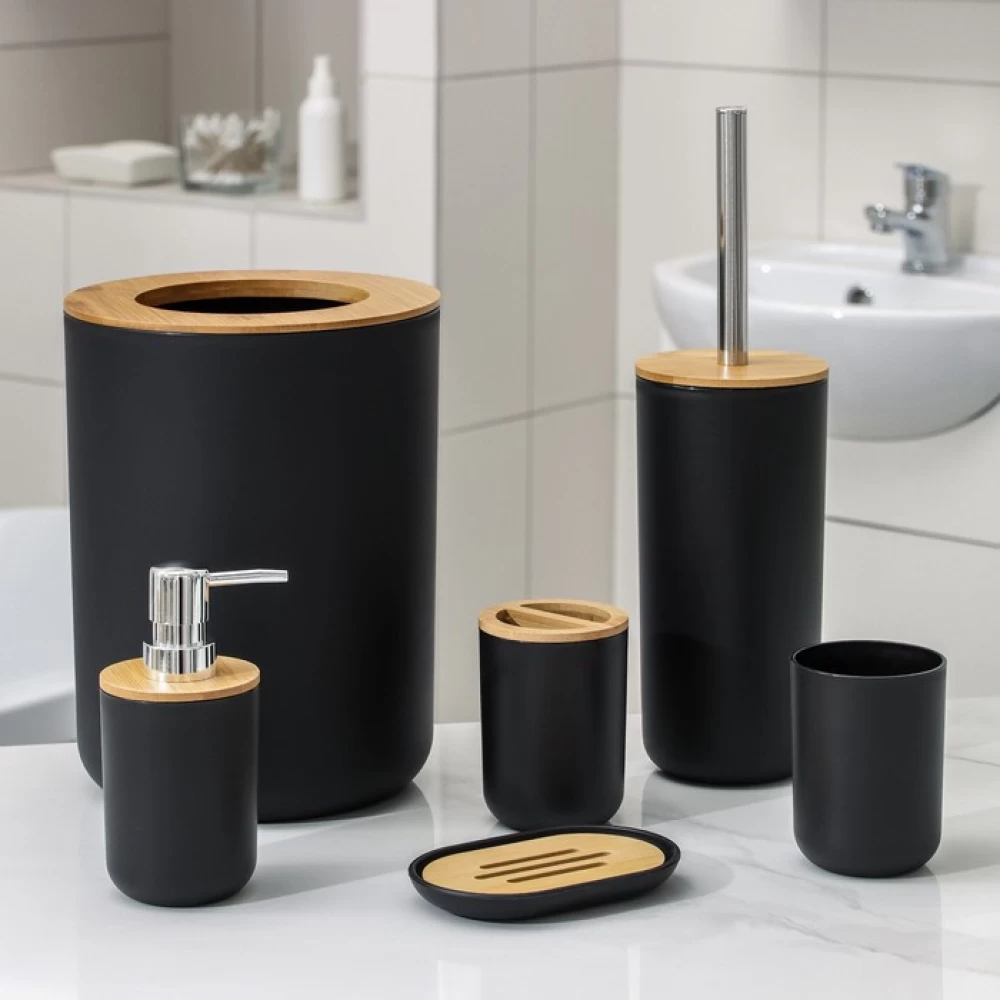 Suporturi si accesorii de baie - Set de baie, 6 piese, negru/lemn