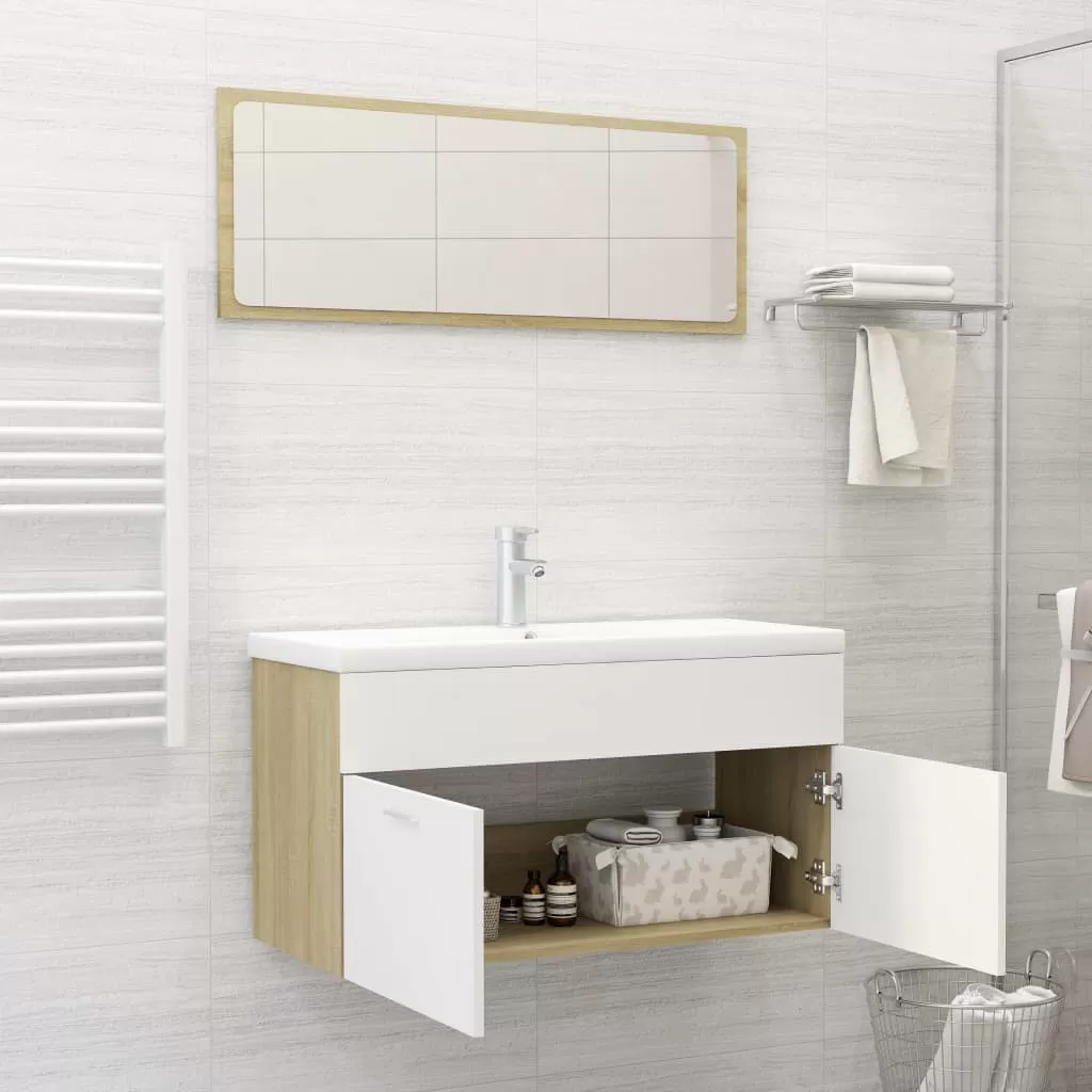SET MOBILIER DE BAIE, 2 PIESE, ALB SI STEJAR SONOMA [2]