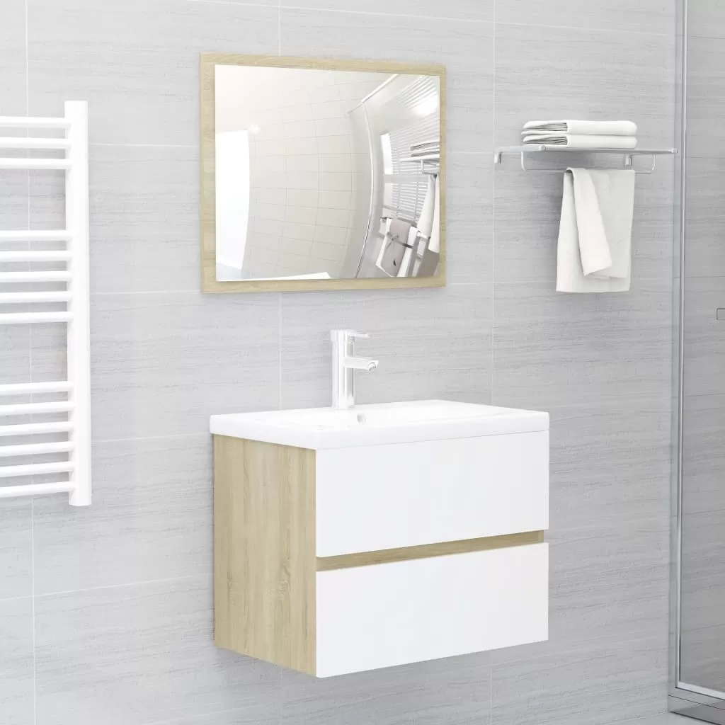 Set mobilier baie - SET MOBILIER DE BAIE, ALB SI STEJAR SONOMA, 60 X 38.5 X 45 CM
