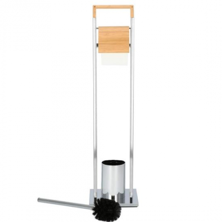 Baie - SUPORT PENTRU HARTIE IGIENICA CU PERIE WC, METAL SI BAMBUS, CROM, 75.5 CM, SPRINGOS